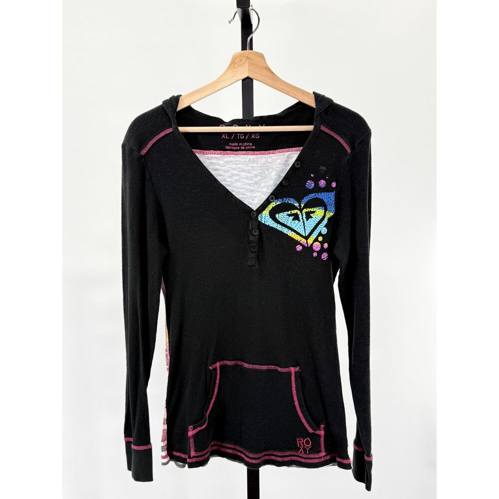 Roxy Black Hooded Henley with Colorful Heart Graphic